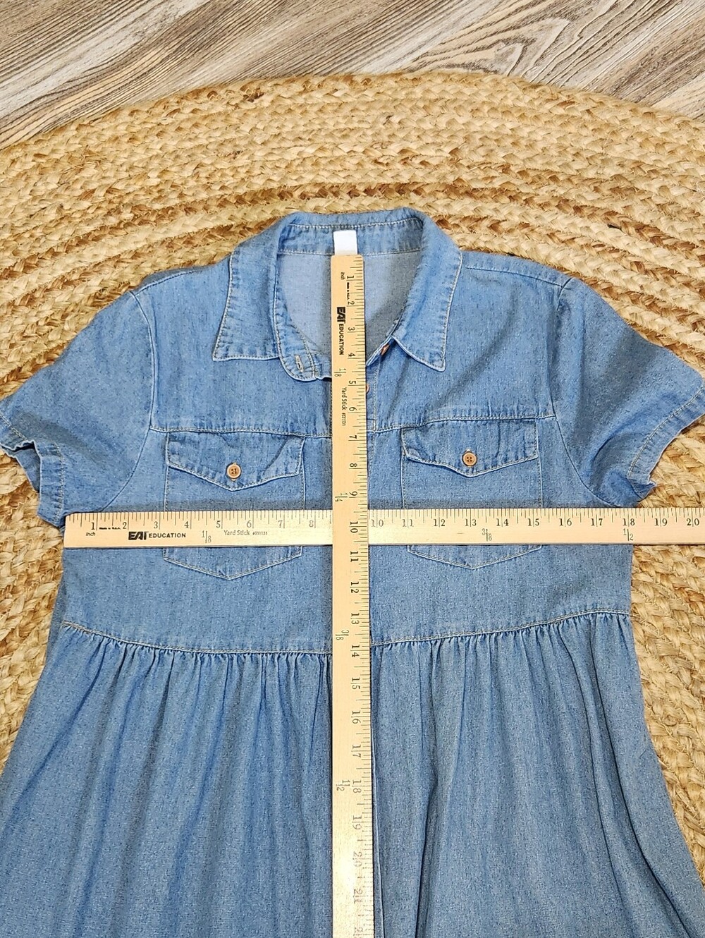 Cy Chambray Ruffle Tiered Midi Dress Women M Cottage Boho Lagenlook Short Sleeve - Picture 10 of 12